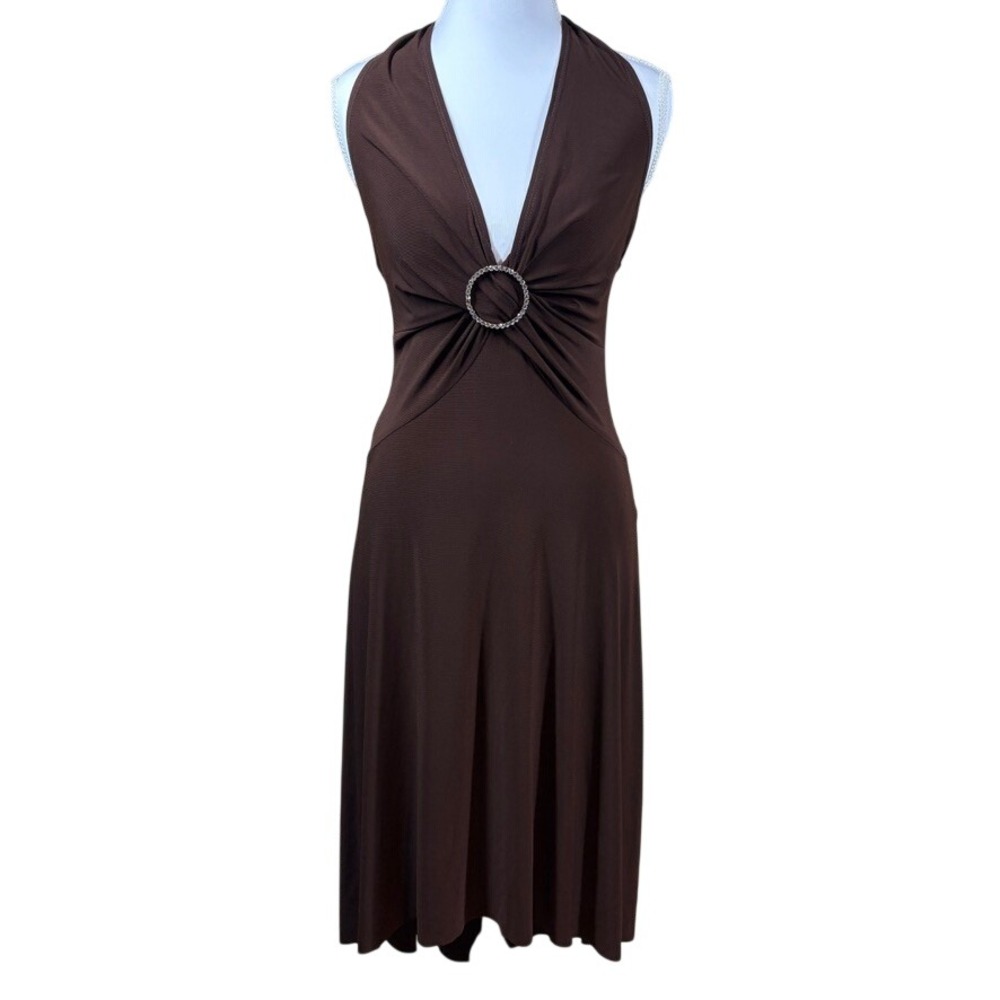 Vtg Fairy Grunge 90s B. Smart Halter Midi Dress 7/8 Brown Rhinestone Deep V FLAW